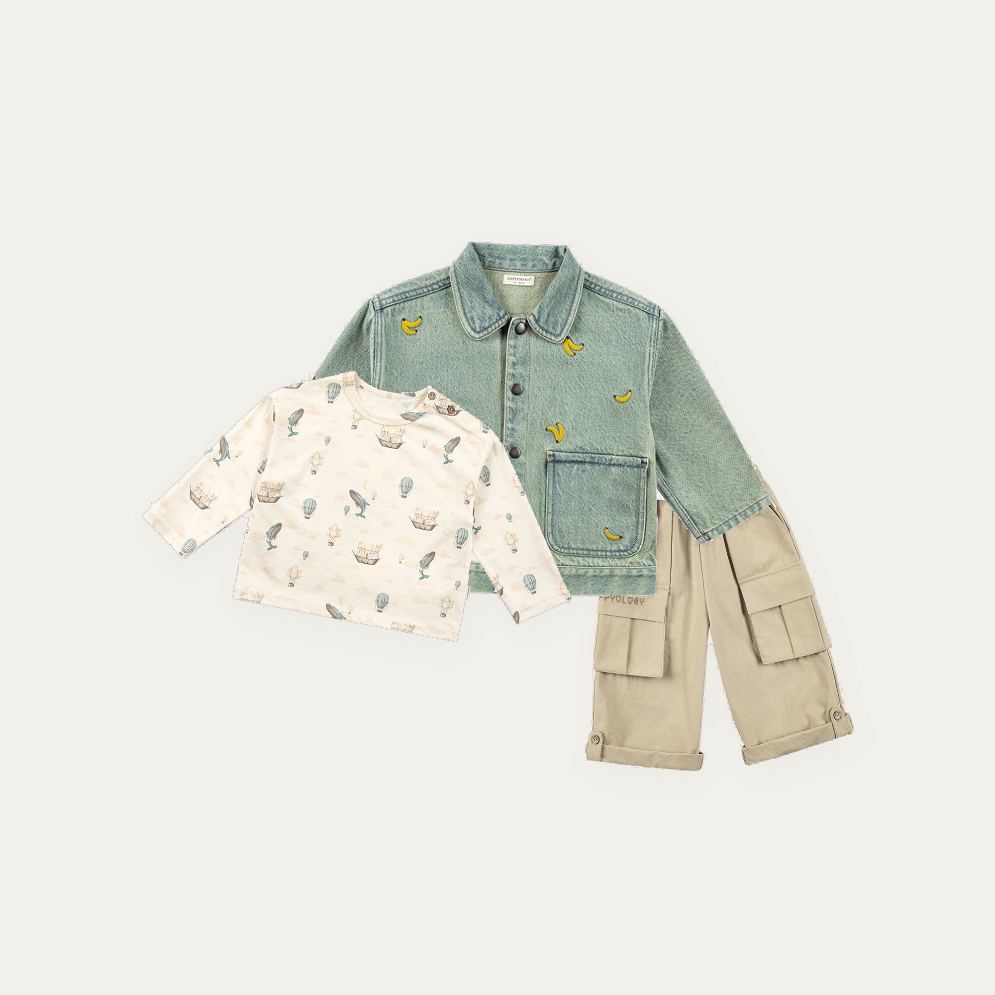 Happyology Lucky Bag for boys, three spring summer sample pieces - embroidered denim jacket, printed jersey top and stone cargo trousers