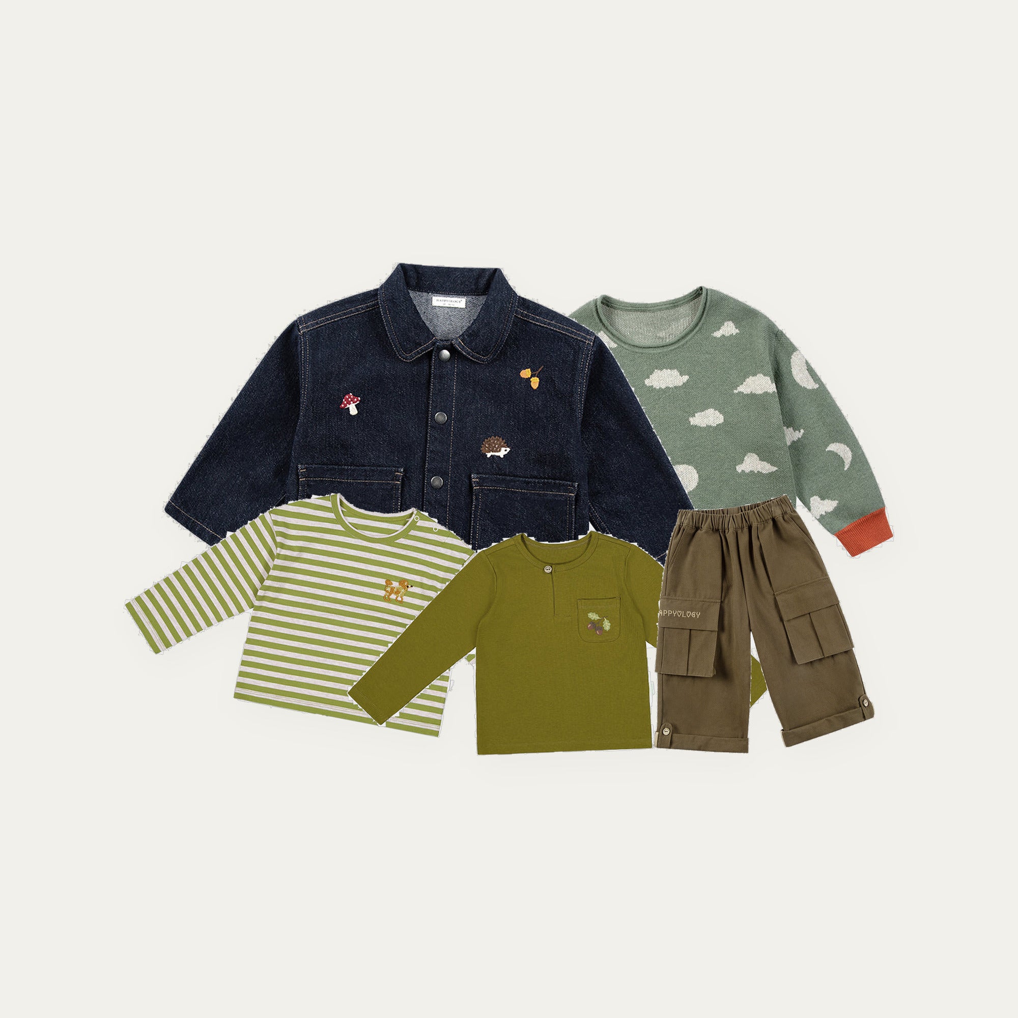 Happyology Lucky Bag for boys, five autumn winter sample pieces - embroidered denim jacket, cloud knit sweater, striped tee, olive top and cargo trousers
