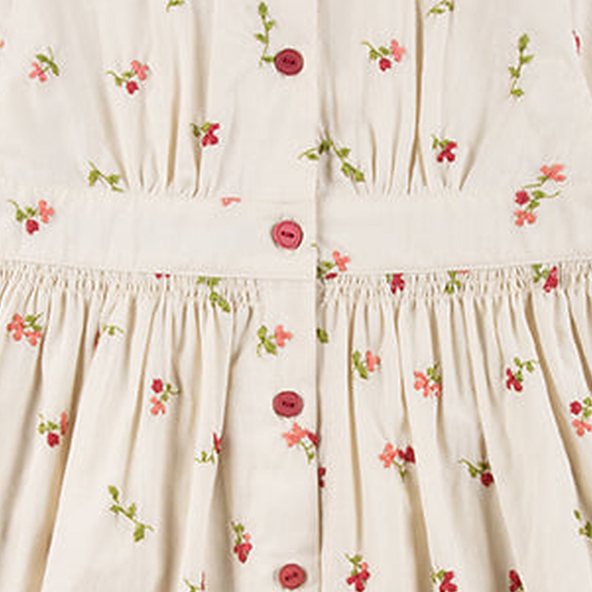 Close detail of embroidered cherry print and smocking on a Happyology cotton dress